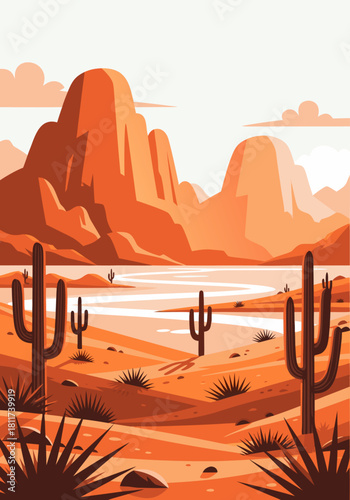 Vast desert landscape with towering sandstone mesas, dotted with saguaro cacti and arid vegetation under a soft, cloudy sky, evoking a sense of remote, natural beauty