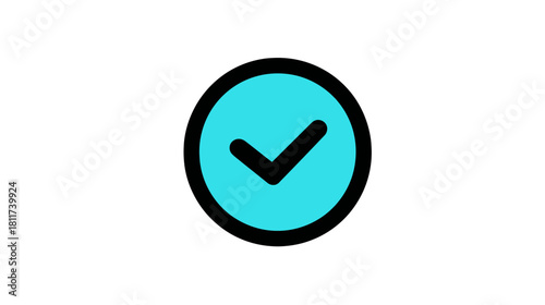Teal blue checkmark icon in a black outlined circle. Graphic symbol for verification, approval, success, completion, done, or tick.