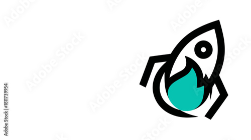 Sleek outline rocket icon with teal flame and mechanical legs, representing business startup, innovation, and technology.
