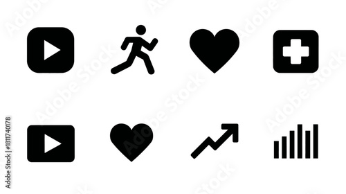 Set of diverse black vector icons for web design and mobile apps including play, runner, heart, add, trend, and signal on white background.