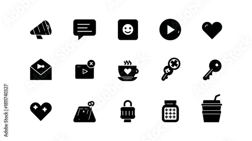 Digital communication and social media icon set. Black glyphs for web interface, app design, notification, chat, media, and status symbols.