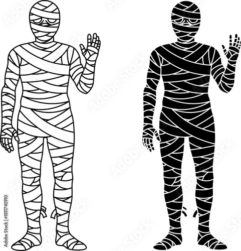 Mummy character raising hand. Ancient egyptian monster outline silhouette