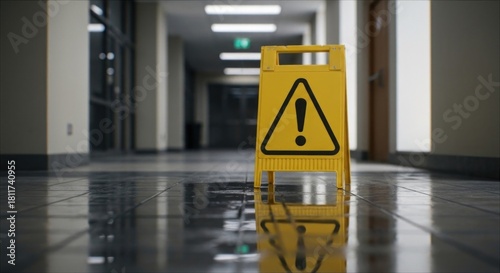 Wet floor sign in a blurred, bright hallway