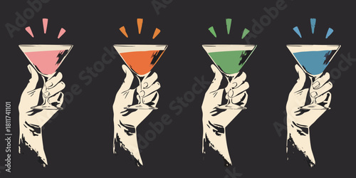 Hands holding colorful cocktails in celebration party or festive gathering
