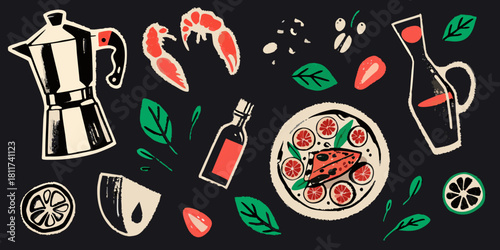 Stylized italian food and drink illustration on black background