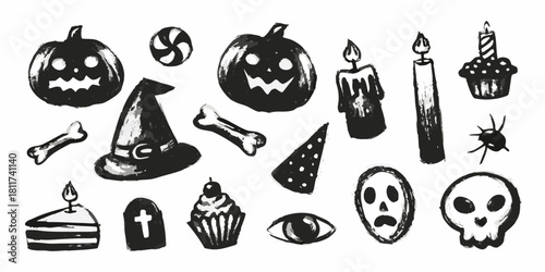 Halloween sketchy icon set in black and white for spooky designs