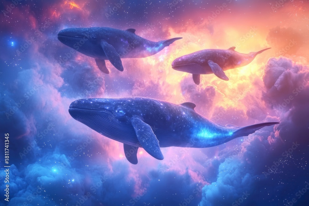 Fototapeta premium Three whales swimming in a clear blue sky above the ocean waves with soft white clouds