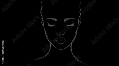 Minimalist white line art illustration of a woman's face with closed eyes on a dark background, showcasing serenity and elegance.