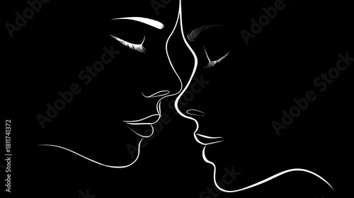Minimalist line art drawing of two faces in profile, symbolizing love, connection, intimacy, and abstract romance on black.
