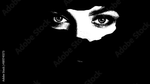 Mysterious piercing eyes emerging from deep shadows. Dramatic high-contrast black and white portrait, intense gaze, hidden identity.