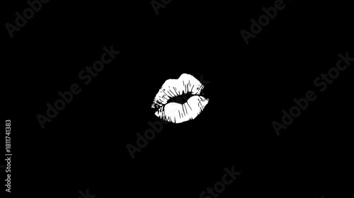 Monochrome white lip print on a stark black background. Stylized kiss mark, an elegant graphic element for love and beauty design.