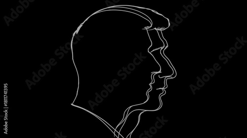 Abstract white line art of two overlapping human profiles on a black background, representing duality, thought, and psychological complexity.
