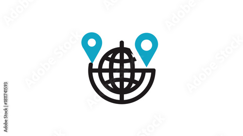 Global network concept with world map globe and two location pointer pins, representing international connectivity, worldwide travel, and navigation.