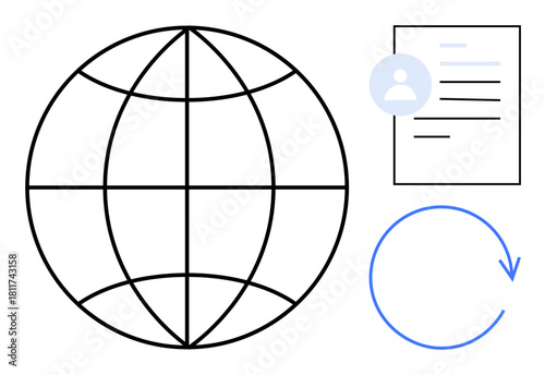 Globe with gridlines, user profile on a document, and cycle arrow. Ideal for networking, user data, profile management, global access, workflow, system updates simple flat metaphor