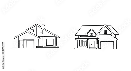 Simple line drawing of two different house facades in black and white