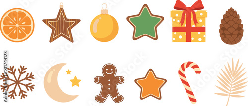 Christmas holiday vector icons set, gingerbread man, gift box, pinecone, snowflake, star, bauble, orange slice, candy cane, flat design collection, isolated.