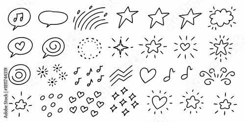 Hand drawn doodle elements stars hearts music notes and speech bubbles