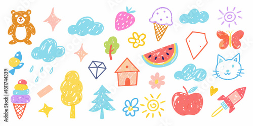 Cute hand drawn doodle set with bear clouds ice cream and other elements