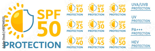 SPF 50 icon set collection in flat style. UV protection vector illustration on isolated background. Sunscreen sign business concept.