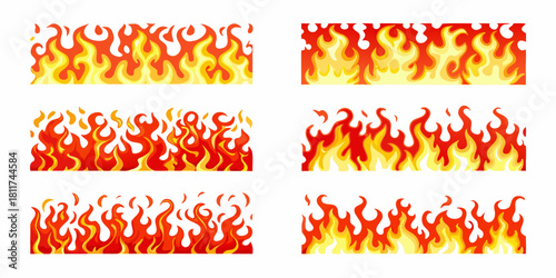 Cartoon fire borders set with red and yellow flames on white