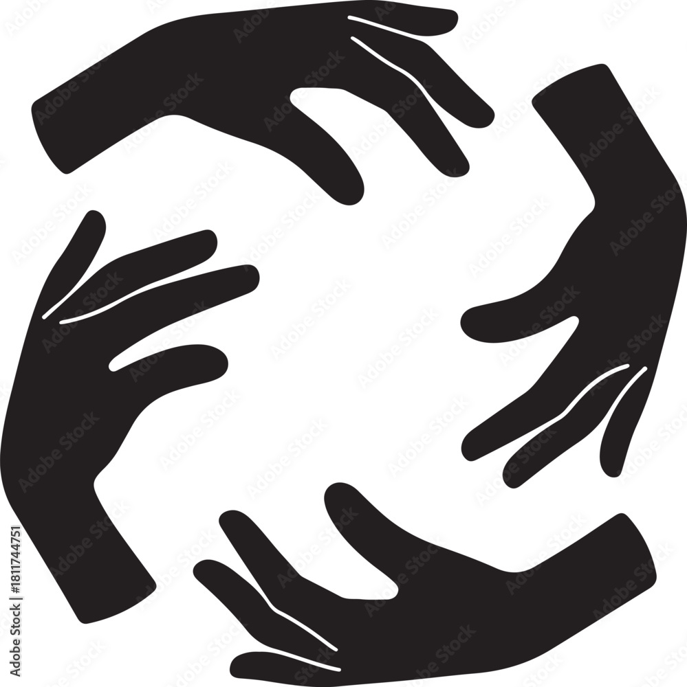 Obraz premium Hands circle collaboration illustration featuring four hands in round shape team work concept partnership symbol support emblem unity icon monochrome vector