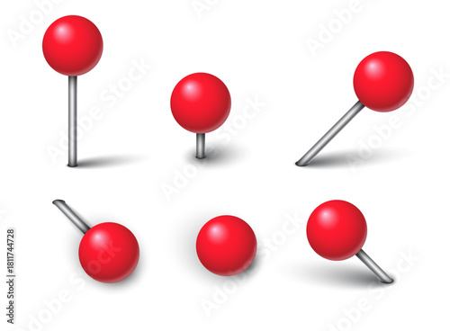 Red needle pin with shadow set collection in flat style. Map push pins vector illustration on isolated background. Pushpin for paper notice sign business concept.