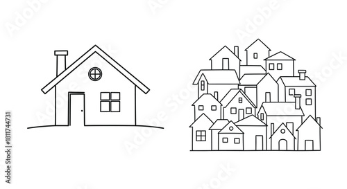 Simple line drawing of a single house and a clustered townscape