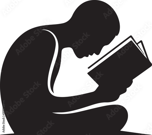 Reading book silhouette showcasing concentrated man silhouette absorbed in book person engrossed in study single tone depiction of focused reading silhouette vector