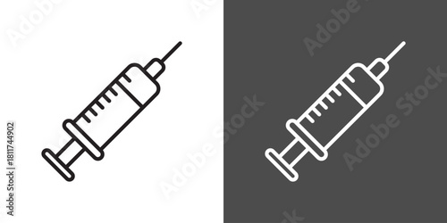 Syringe with vaccine icon in flat style. Medical syringe vector illustration on isolated background. Injector sign business concept.
