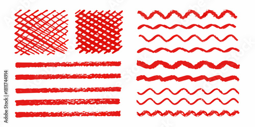 Red hand drawn brush stroke set with crosshatch straight and wavy lines