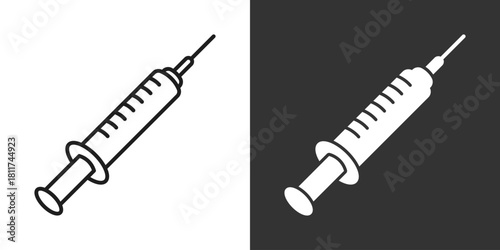 Syringe with vaccine icon in flat style. Medical syringe vector illustration on isolated background. Injector sign business concept.
