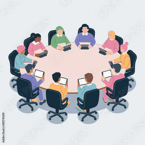 Diverse group of professionals engaged in a round table discussion in a spacious meeting room, all utilizing tablets for notes and presentations