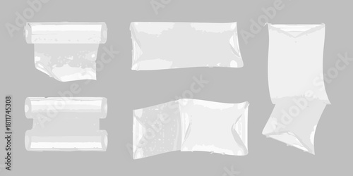 Set of transparent plastic bags and rolls on a gray background