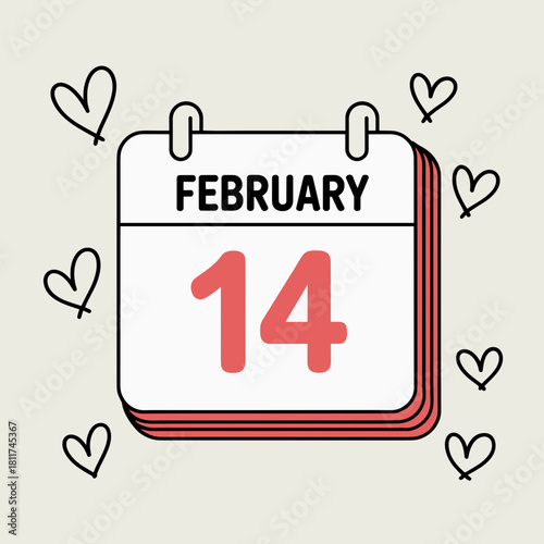 Minimalist calendar vector showing february 14 with whimsical hearts – Suitable for scrapbooking elements, romantic digital art, or commercial graphics.