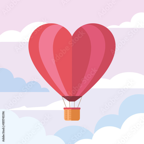 Heart-shaped hot air balloon in flat design vector for romance – Suitable for valentine's day banners, playful design, or sky travel concepts.