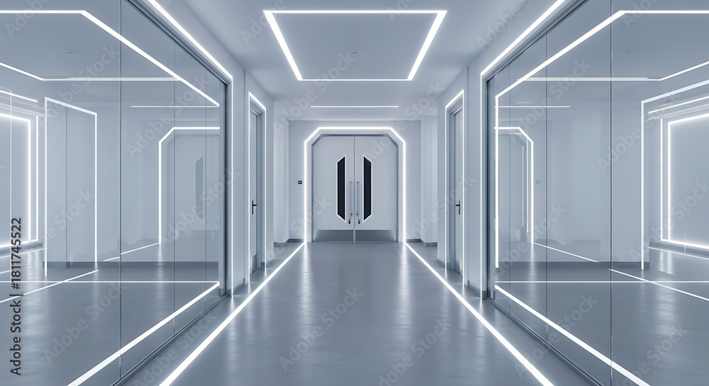 Fototapeta premium Brightly lit futuristic corridor with sleek white walls and glowing light strips, creating a sterile high-tech facility interior.