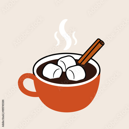 Hot cocoa with marshmallows in cozy red mug. Delicious hot cocoa, adorned with fluffy marshmallows and cinnamon stick, offers warmth and comfort.
