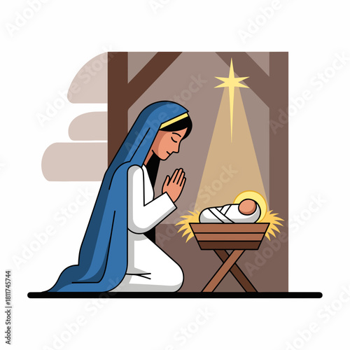 Mary praying before the manger in gentle adoration and reflection, a depiction of solemn devotion at sacred nativity scene. Mary praying represents faith, hope, and anticipation.