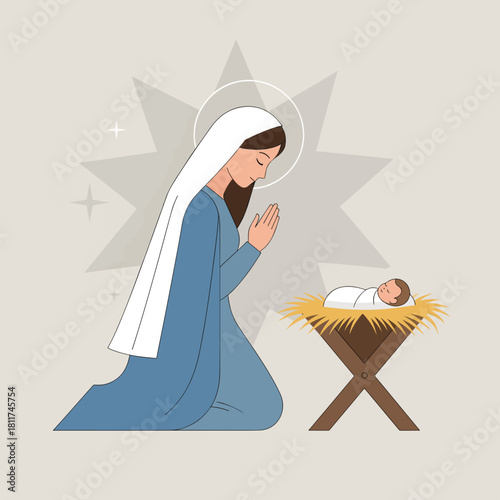 Mary praying before the manger with hands folded together in adoration, her eyes closed. Mary praying is a beautiful image depicting a holy scene with gentle color palette.