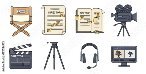 Film production icons set directors chair script camera clapperboard and more