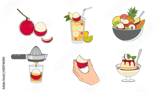 Fresh fruit collection assorted fruits and beverages flat design