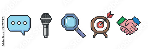 Pixel Art Speech Bubble, Microphone, Magnifier, Target and Handshake Icons