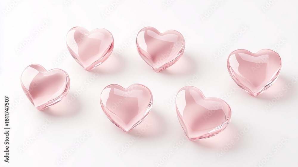 Obraz premium 120.Realistic 3D glass hearts in soft pink tones, with smooth, polished surfaces and subtle light refractions, placed on a white background to highlight their realistic, delicate shapes