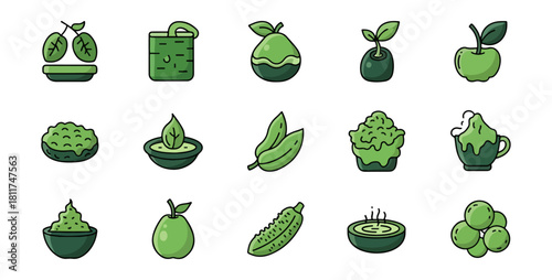 Green food icons on black background
