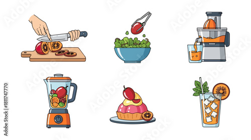 Healthy food preparation and beverage set of colorful vector illustrations