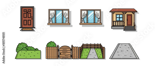 House facade elements with garden illustration