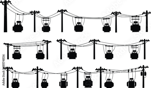 Silhouette vector illustration of cable cars suspended from utility poles—urban and mountain transport system layout for tourism, commuting, and infrastructure planning
