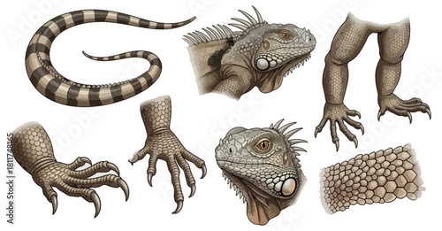 Iguana body parts isolated on black background