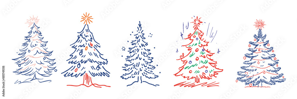 Fototapeta premium Christmas tree doodle set of hand-drawn festive holiday illustrations