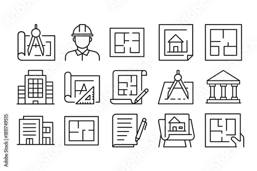 Architecture icon set. Blueprint vector set. Architecture icon collection for floor plans, construction and drawing tools.